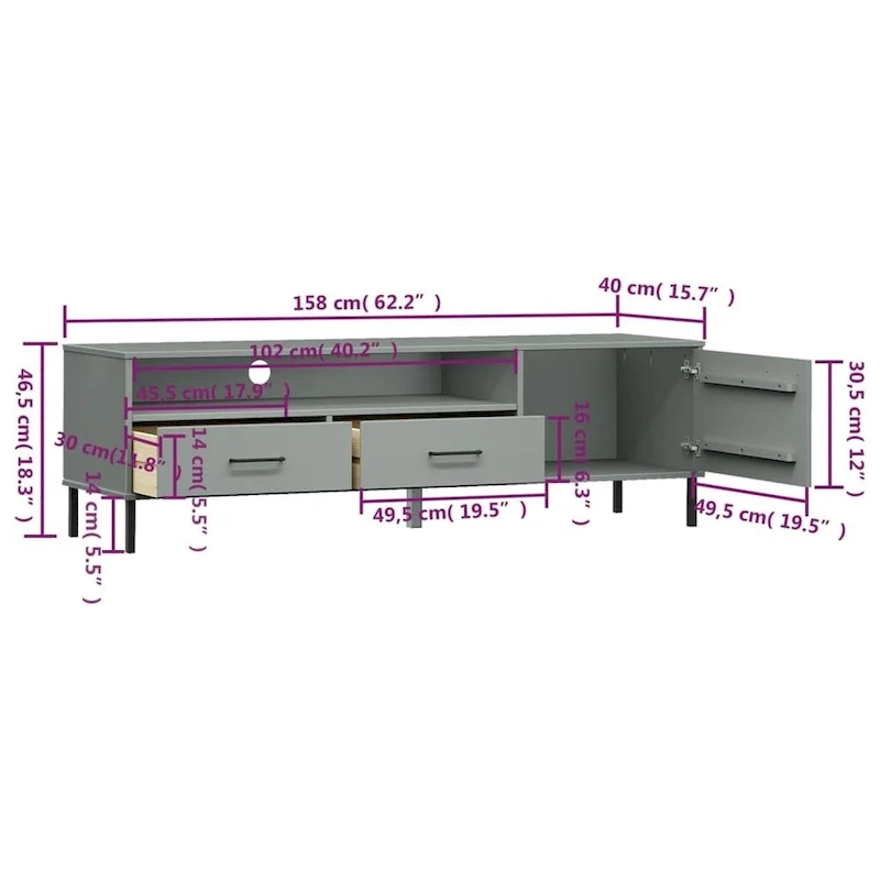 vidaXL TV Stand TV Console TV Console with Metal Legs Solid Wood Pine OSLO - 62.2 x 15.7 x 18.3