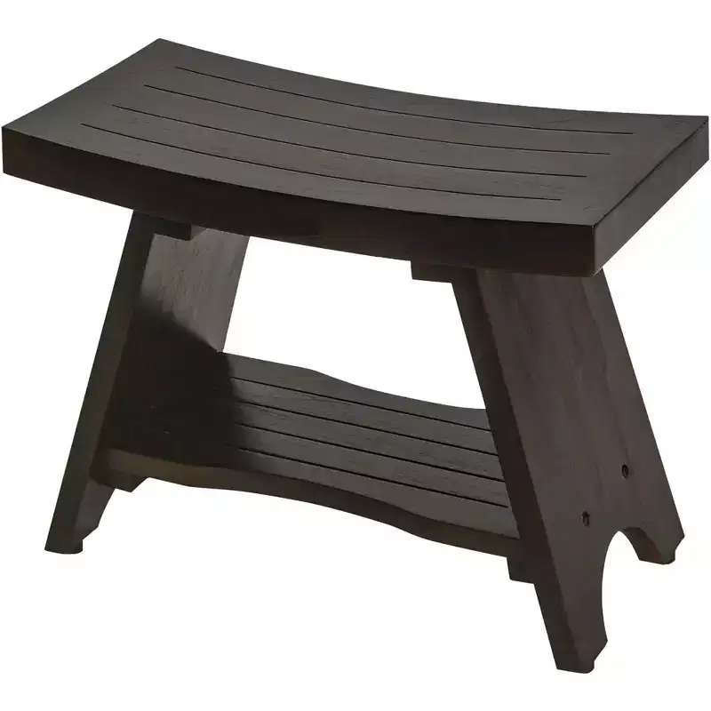 HomeRoots Teak Rectangular Shower Bench With Shelf In Brown Finish