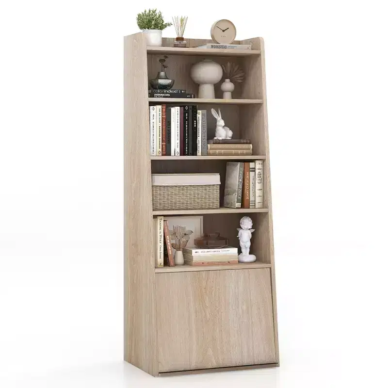 Costway 6-tier Bookcase w/ 2 Adjustable Shelves Filp-up Door 5 Open Shelves Bedroom