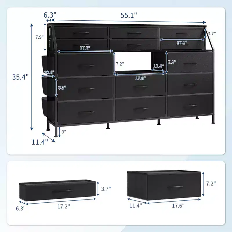 55 W Fabric Dresser with Side Pocket, 14 Drawers and Shelves, Sturdy Frame, Wood Top