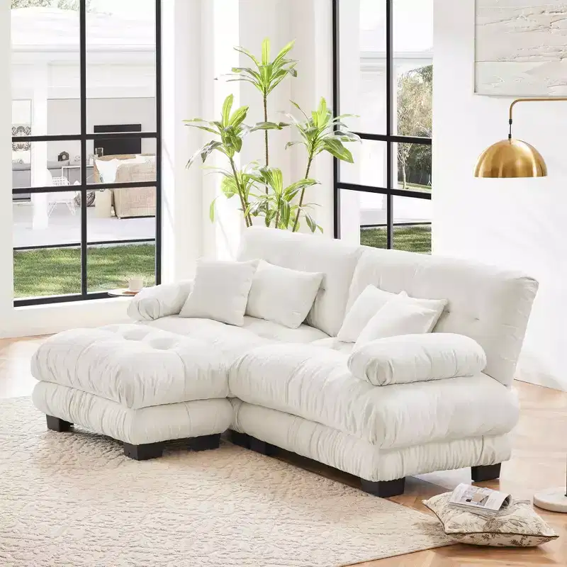 MAYEERTY Cloud Sectional Sofa with 2 Seater 2 Lumbar Pillows 2 Throw Pillows Upholstered Wide Arm Convertible Ottoman for Living Room White