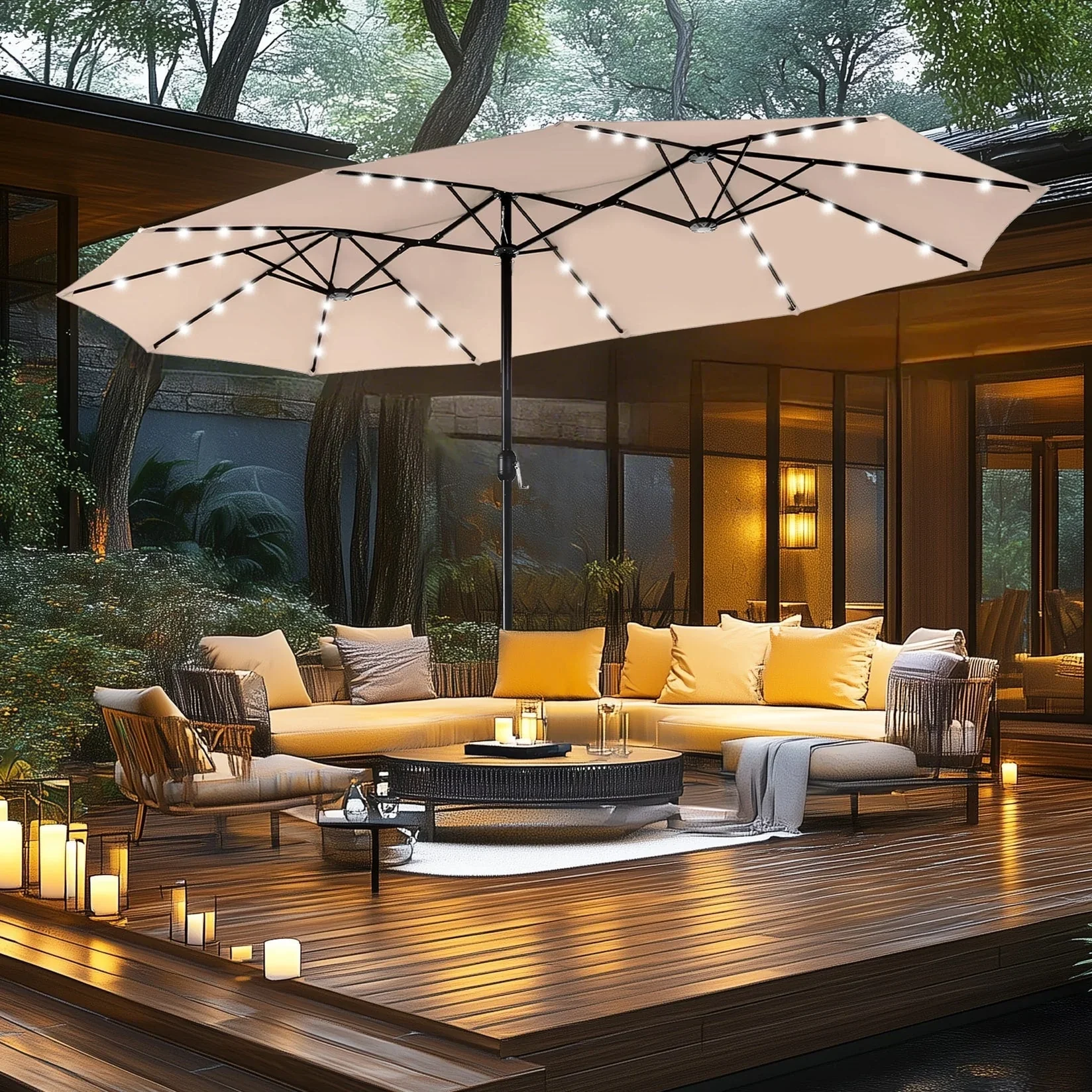 MAISON ARTS 15-foot Rectangular Crank Double-sided Outdoor Market Umbrella Solar LED Lighted Patio Umbrella with Base Included