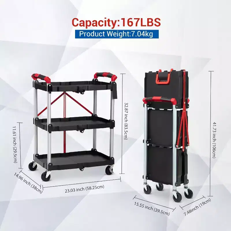 2025 New Folding Collapsible Service Cart, 3 Tier Portable Utility Rolling Cart, 56 Lb. Load Capacity per Shelf, with Wheels and Ergonomic Handle