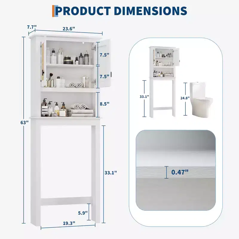 Rattan Over The Toilet Storage Cabinet, Freestanding Wood Bathroom Organizer Shelf with Adjustable Shelves, Tall Space Saver Rack Behind Toilet
