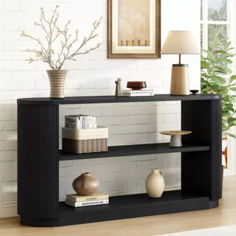 58.9 Modern Entryway Console Table, Slim Sofa Table with Open Shelf, Wood Grain Finish Hallway Table for Living Room - Panipeachy