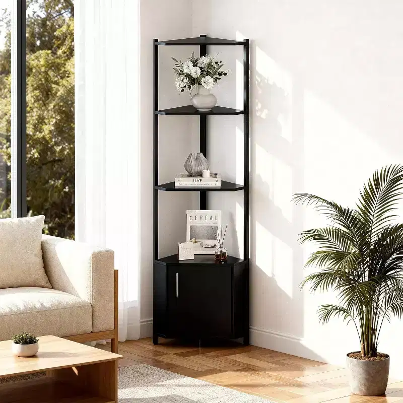 Corner Shelf, Adjustable Brightness, Modern Metal Frame & Wood Display Rack, Space-Saving Organizer for Living Room, Bedroom, Kitchen