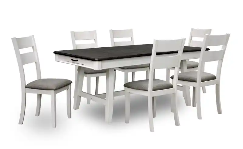 7pc Dining Table Set with Table & 6 Chairs, Storage Drawers, Trestle Base, 70W - White/Grey