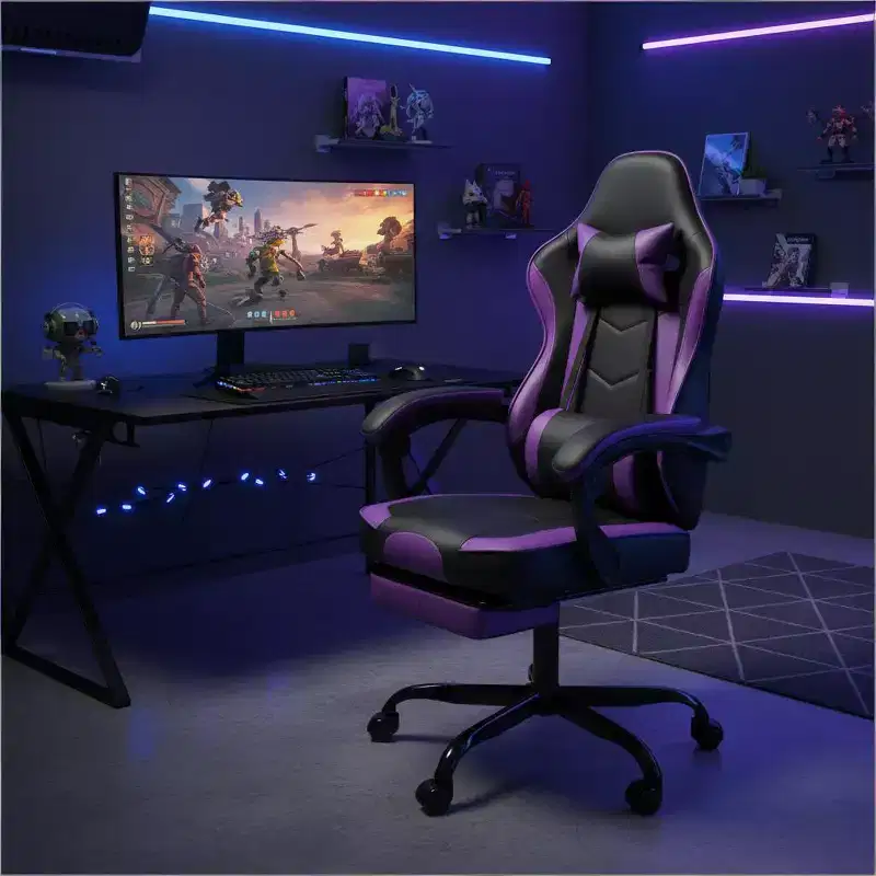 LauKingdom Gaming Chair with Footrest, Ergonomic Computer Chair, Height Adjustable Swivel, Massage Lumbar Support, Video Game Chair, Black & Purple