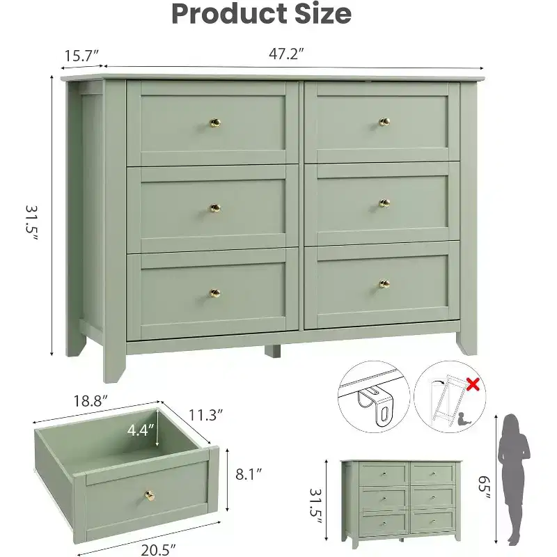 Modern Elegant 6-Drawer Storage Dresser,Lacquer Finish Wooden Chest with Solid Wood Legs, Versatile Organizer for Bedroom,Nursery,Living Room&Closet