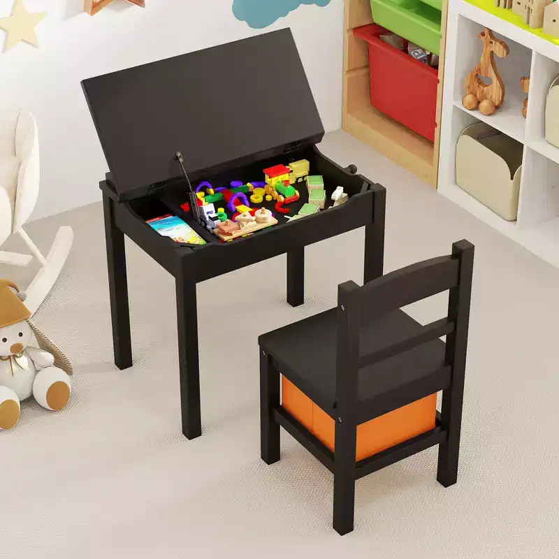 Costway Kids Table and Chair Set Wood Activity Study Desk w/ Storage Drawer Hook Brown