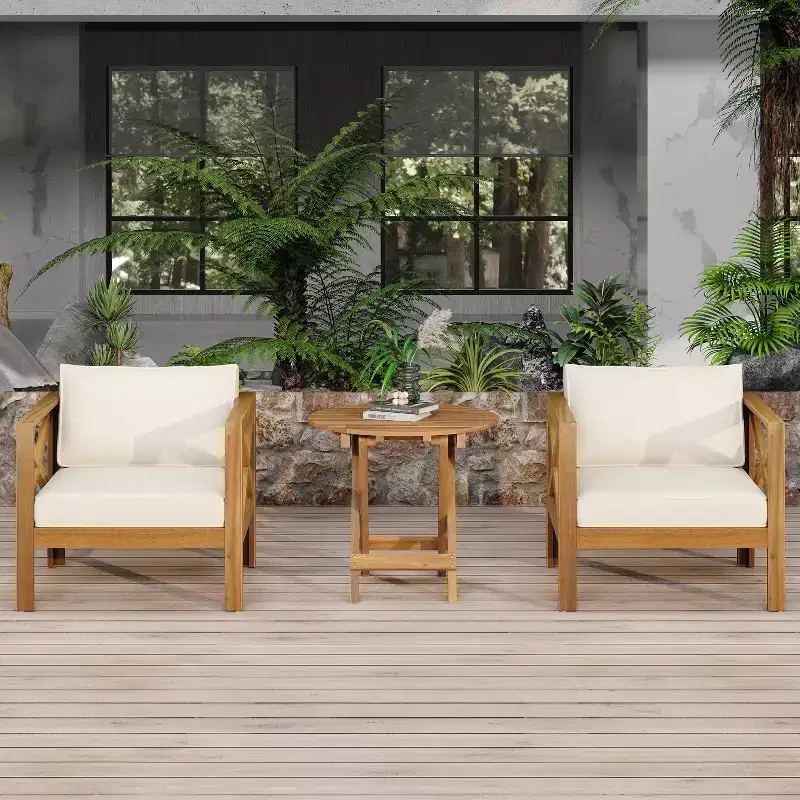 Christopher Knight Home Cedric Transitional 3 Piece Patio Acacia Wood Club Chairs with Foldable Accent Table