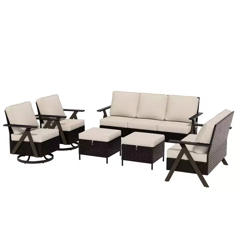 UPTIOT Premium Outdoor Seating Set: 3-Seater Sofa, Double Chaise, 2 Ottomans & 2 Swivel Rockers for Patio Comfort
