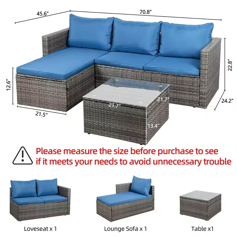 Celebalcony 3 Pieces Patio Furniture Set, Outdoor Wicker Sectional Sofa with Coffee Table, Anti-Slip & All-Weather Cushions for Garden,Backyard, Blue