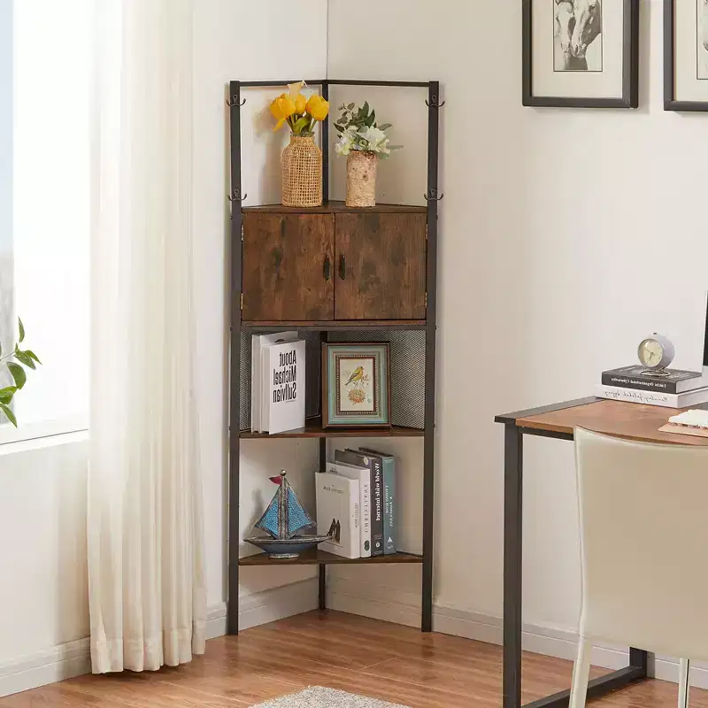 VECELO Corner Cabinet, Tall Storage Shelf with Triangle Wooden Shelves, Bookshelf for Small Space, Brown