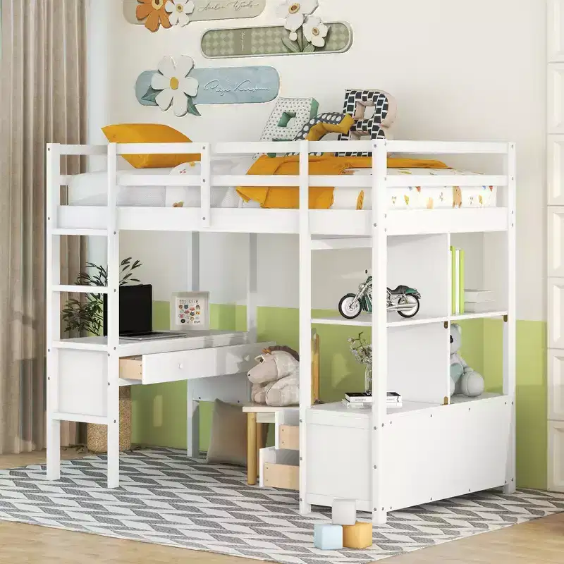 78.20''L 57.50''W Wood Loft Bed with Built-in Desk with Two Drawers, Storage Shelves and Drawers