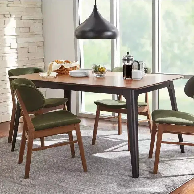 Mid-Century Modern Rectangular Dining Table, Walnut/Black, MDF & Rubberwood Frame, Seats 4