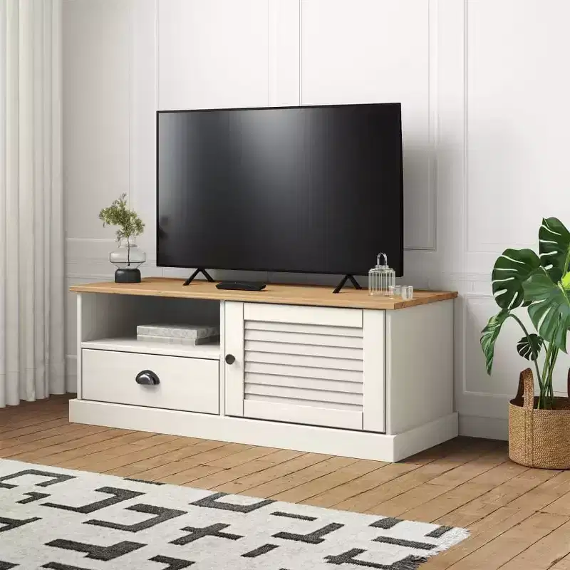vidaXL VIGO White Solid Wood Pine TV Stand Entertainment Center - 41.7x15.7x15.7 with Drawer, Open Shelf & Cabinet, Easy Clean