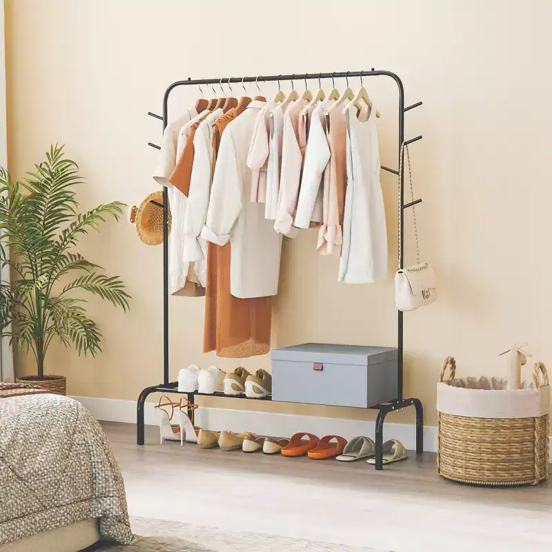 50-Inch Wide Metal Garment Wardrobe Rack with 8 Hooks & Storage Shelf for Laundry