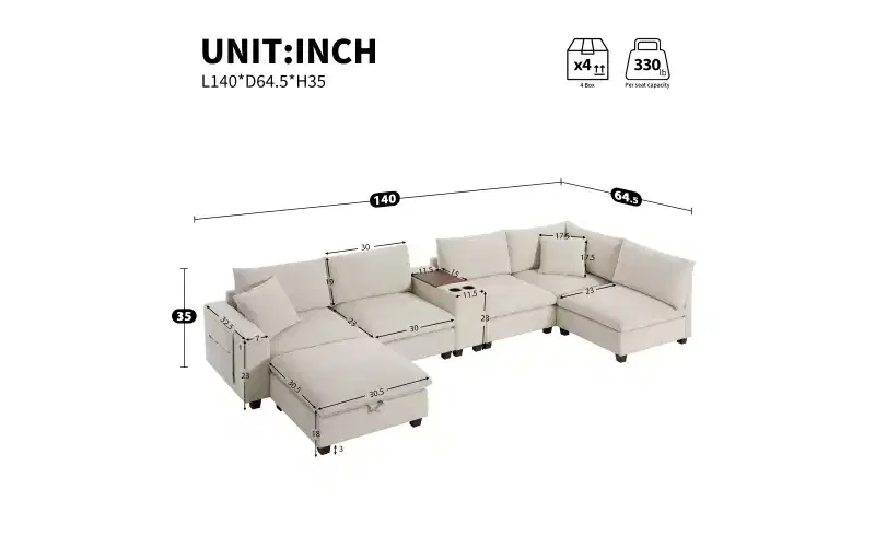 Modern Chenille 4-seat Sectional Sofa with Ottoman, L-Shaped Cloud Couch Set with Throw Pillows