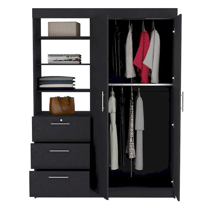 Kenya 3-Drawer Armoire with 3 Upper Shelves, 2 Hangers, Metal Handles, White - N/A