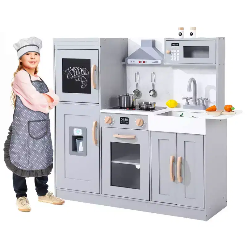 Kids Kitchen Playset, Wooden Chef Pretend Play Set with 20 PCS Cookware Accessories, Wooden Cookware Pretend Gray