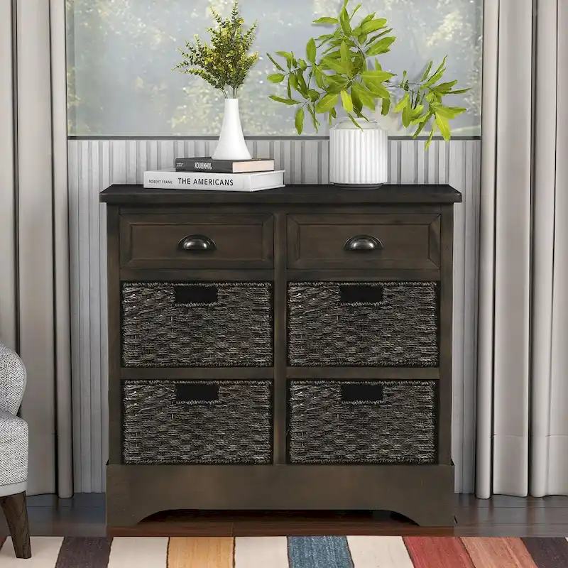 Rustic Storage Cabinet with 2 Drawers & 4 Rattan Baskets - 28L x 11.8W x 28H