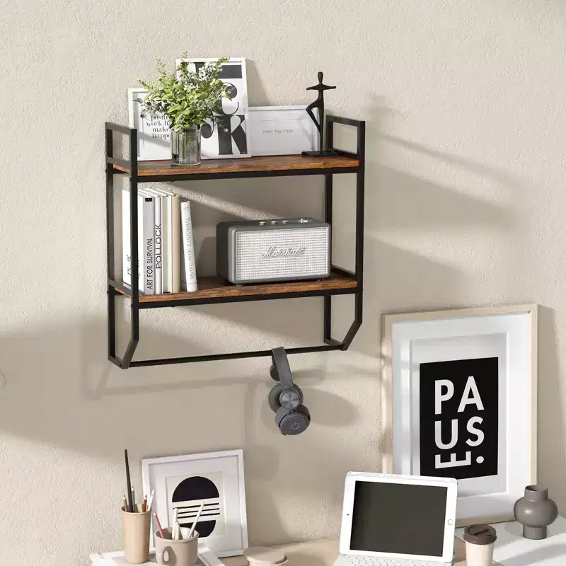 Metal 2-Tier Wall-Mounted Floating Shelf with Hanging Rod