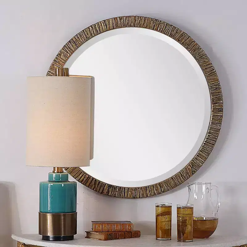 Uttermost Round Vanity Accent Wall Mirror Rustic Beveled Antiqued Metallic Gold Leaf Wood Frame 30 Wide for Bathroom Bedroom