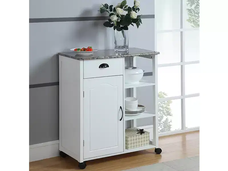 Kitchen Storage Cabinet Cart | Marble Vinyl Top | White | 3 Shelves & Castors