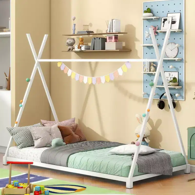 Twin Size Metal House Platform Bed with Triangle Structure for Bedroom, White