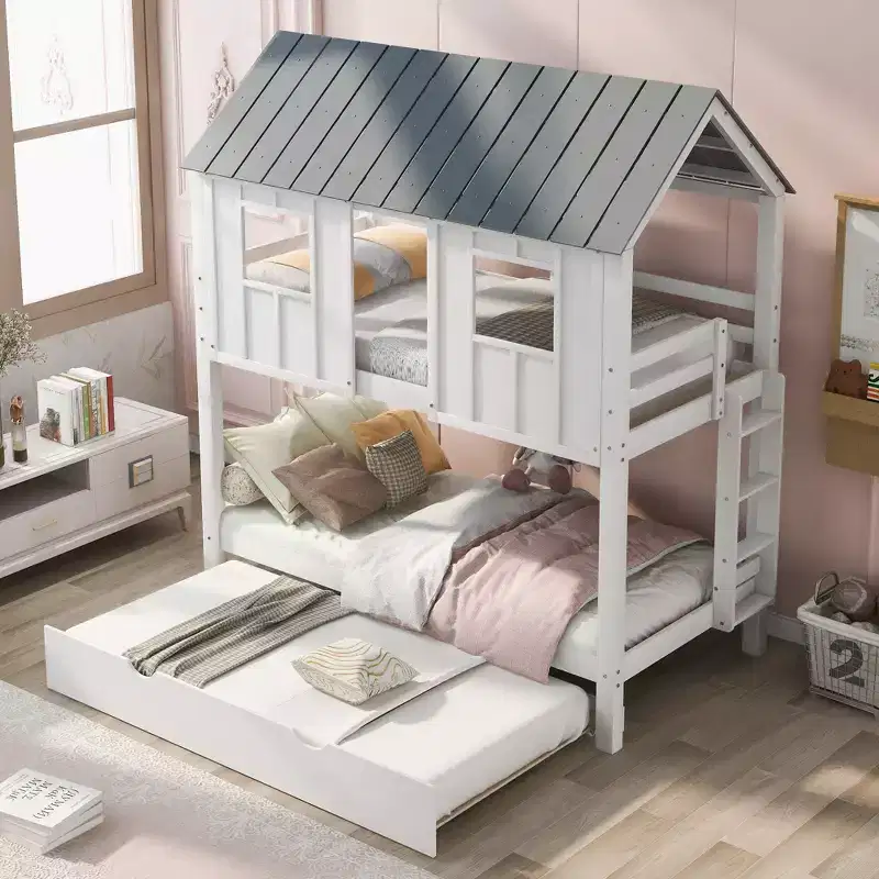 House Bunk Bed with Trundle, Wooden Twin over Twin Bunk Bed with Trundle, Roof and Windows, Playhouse Bed for Kids, White+gray