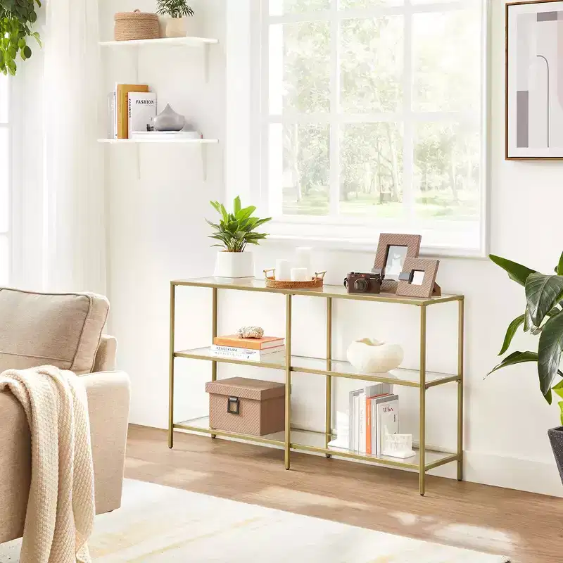 VASAGLE 51.2 Inch Console Table with 3 Shelves, Sofa Table, Entryway Table, Metal Frame, Tempered Glass Shelf, Modern Style