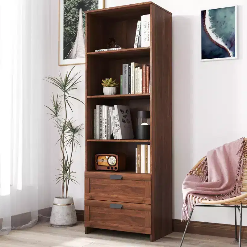 MAYEERTY Bookshelf with Drawers 4 Shelf for Home Living Room Walnut