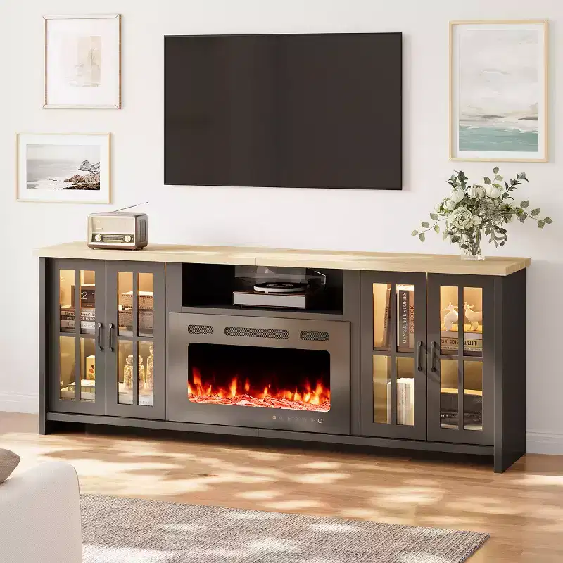 EROMMY 78 Fireplace Tv Stand With Fireplace For Tvs Up To 90, Farmhouse Tv Stand With Large Storage Space, Led Lights & Adjustable Shelves