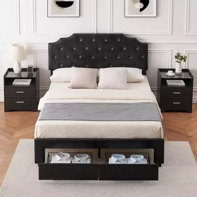 Queen Size Bed Frame with 2 Storage Drawers and Headboard, Upholstered PU Leather Platform Bed with Button Tufted