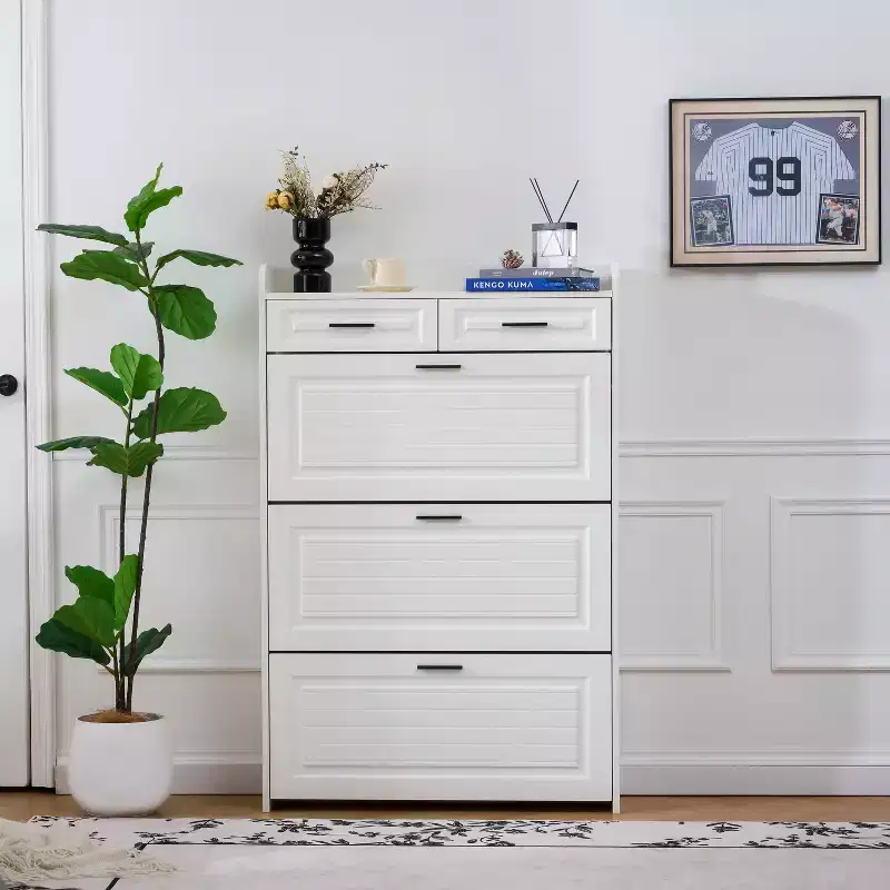 Okak Modern Wood Shoe Cabinet Organizer with 2 Drawers & 3 Folding Doors,Entryway Shoe Rack with Large Storage