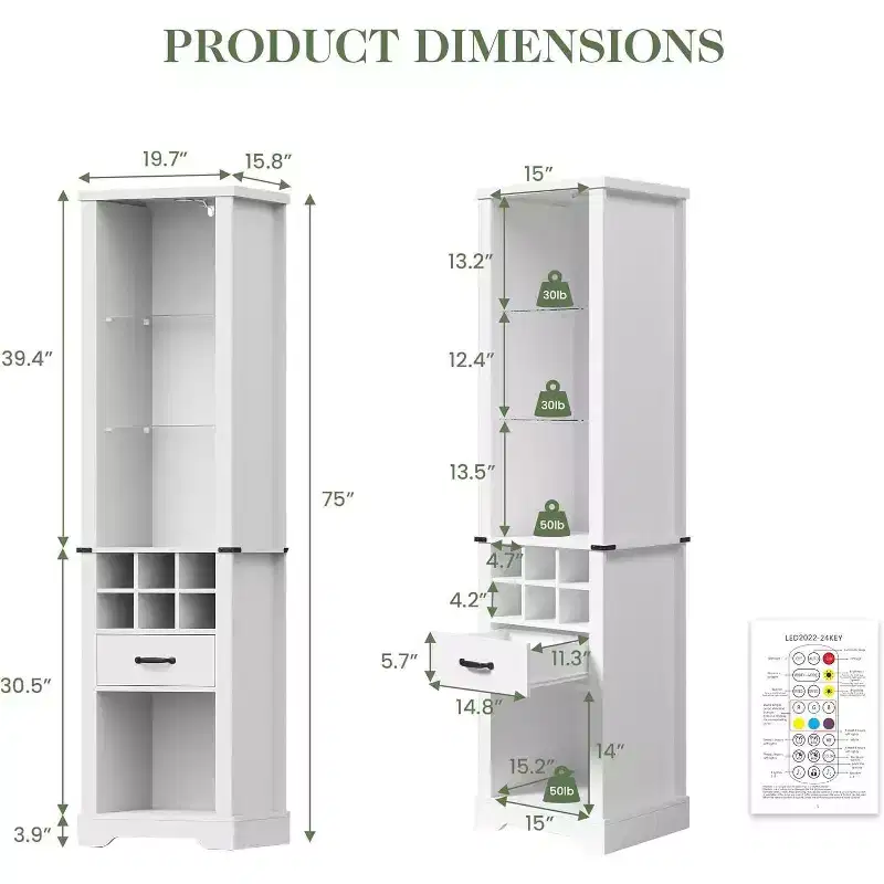 75 Inch Tall Storage Cabinet with LED Light, Farmhouse Pantry Cabinet with Tempered Glass Adjustable Shelves, Wine Storage Rack