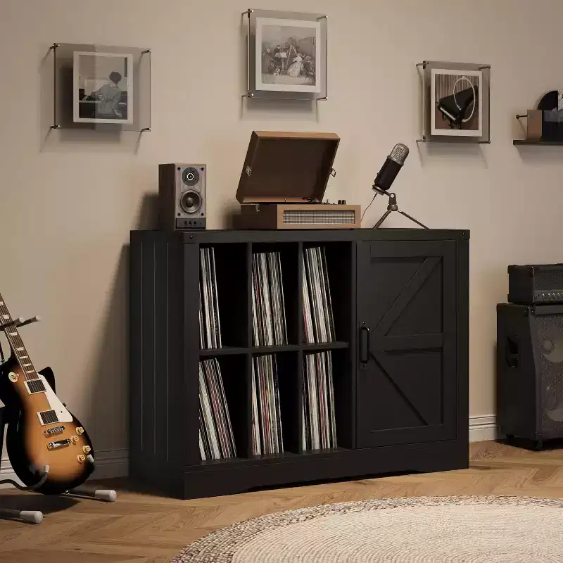 Acekool Farmhouse Record Player Stand, Black Barn Door Vinyl Storage Cabinet Holds 750 Albums, Media Console for Living Room