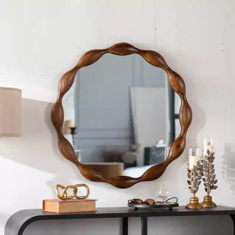 32.28 Round Wall Mirror, Rustic Farmhouse Accent Mirror Wavy Irregular Decorative Mirror, Walnut