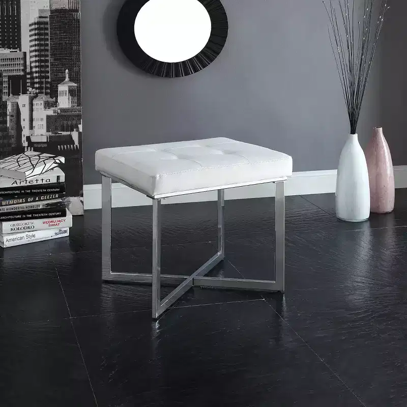Carolina Living Julia Vanity Bench White/Chrome: Chrome X Base, Padded, Modern Design