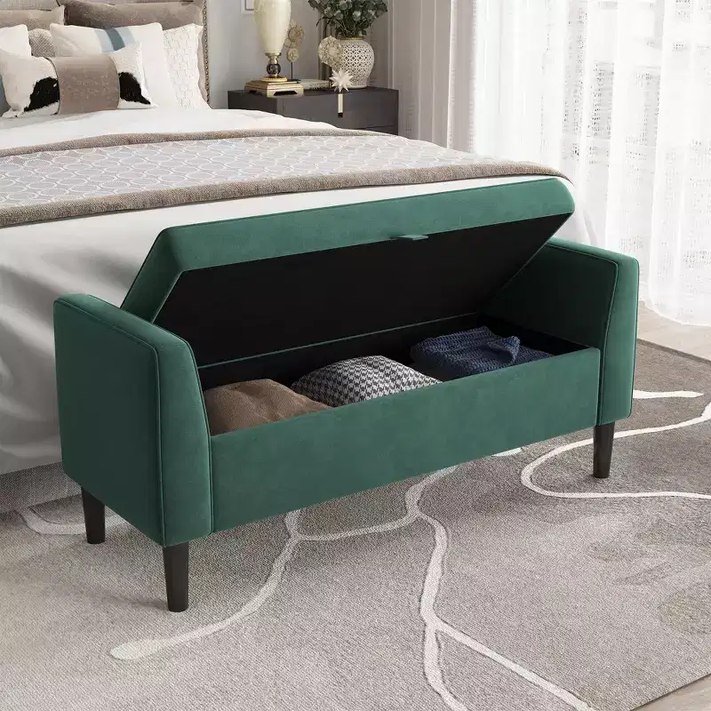 46.5 Storage Ottoman Bench, Upholstered End-of-Bed Storage Chest with Rolled Armrests & Wood Legs, Entryway Shoe Bench and Footrest Seat for Hallway