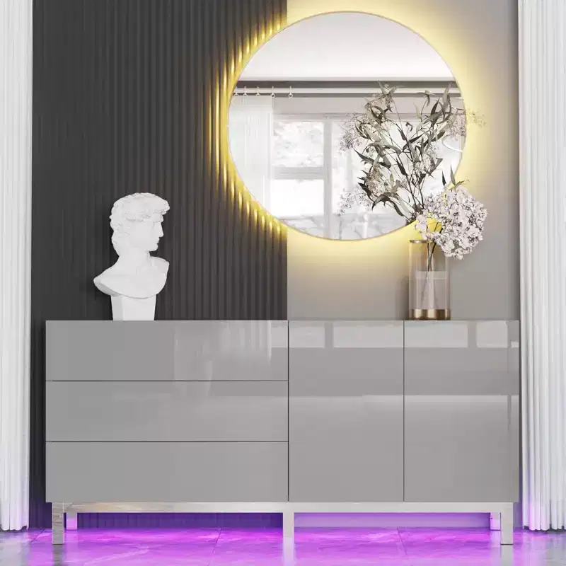 Wood High-Gloss Sideboard Buffet with LED Lights, 3 Drawers and 2-Door Cabinet, 63