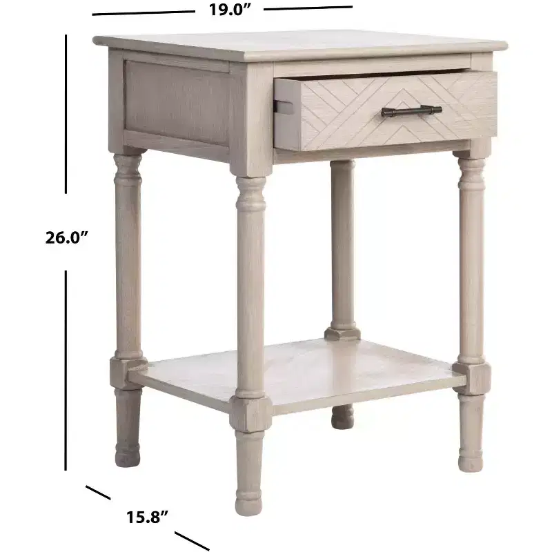 1-Drawer Accent Side Table with Herringbone Detail & Open Shelf, Distressed White