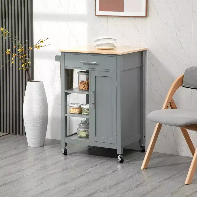 HOMCOM Compact Kitchen Island Cart on Wheels, Rolling Utility Trolley Cart with Storage Shelf & Drawer for Dining Room