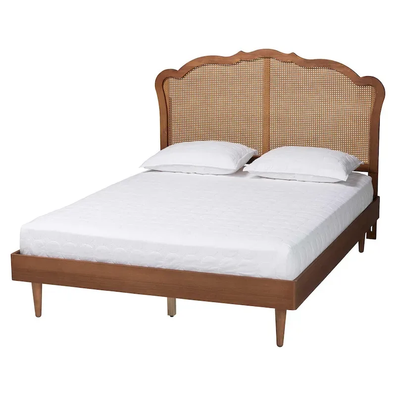 Camden Mid-Century Walnut Brown Wood and Rattan Platform Bed