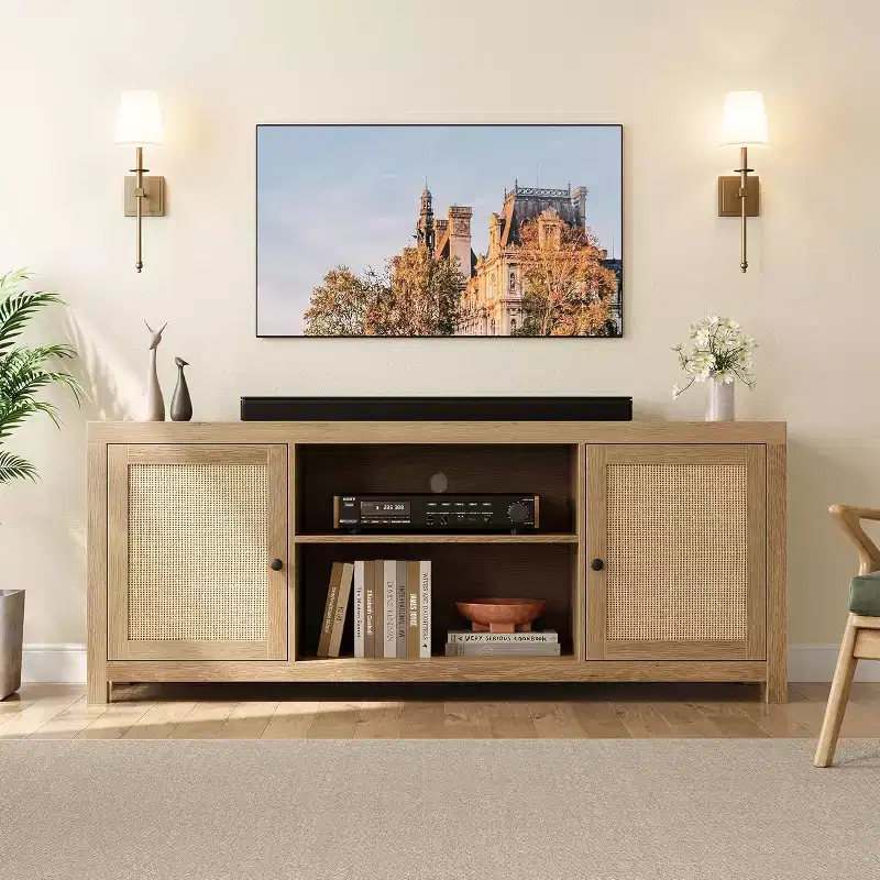 Rattan TV Stand , Boho Style Entertainment Center with 2-Tier Storage, Wooden TV & Media Console Cabinet for Living Room