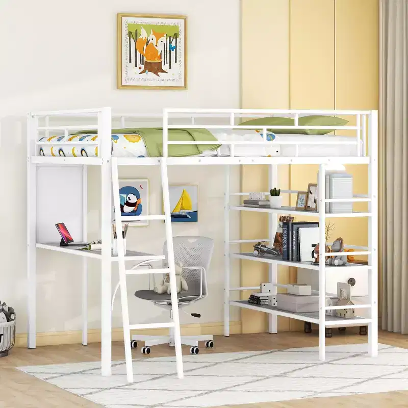 Metal Loft Bed with Desk and Shelves for Teens, High Loft Bed Frame with Desk and Storage