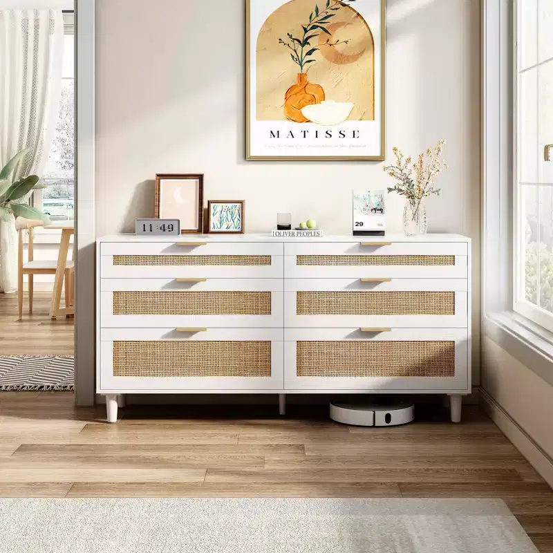 MAYEERTY 59 Rattan Storage Cabinet with 6 Drawers Metal Handle & Wood Legs for Living Room Bedroom White