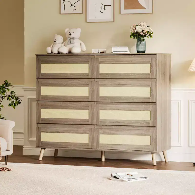 Rattan 8 Drawer Dresser for Bedroom, Wooden Chest of Drawers with Storage, Clothes Organizer Cabinet for Nursery, Living Room, Entryway