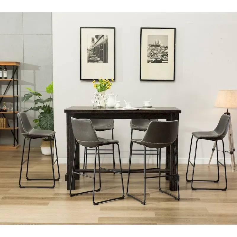 Roundhill Furniture Lotusville 7-PC Antique Black Wood Table with Faux Leather Barstools